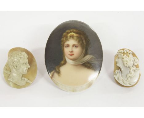 A 20th century Continental portrait miniature on porcelain, of a young woman in a white gown, with star emblem headband, toge