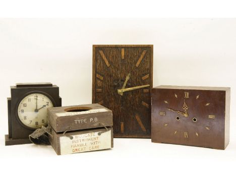 Three clocks, including TMC bakelite mantel clock, and a boxed compass