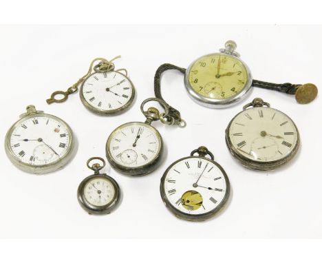 Seven assorted pocket watches, including a silver example with white enamel dial, signed Dent, and a chrome Leonidas example
