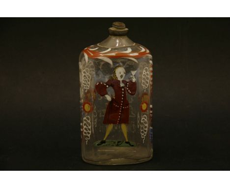 A Bohemian enamel brandy bottle, mid 18th century, painted with a man looking into his glass, inscribed verso