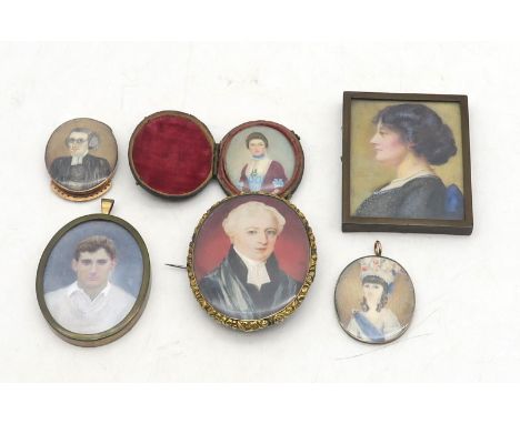 A group of six various portrait miniatures, to include examples painted on ivory, the portrait of a white haired gentleman wi