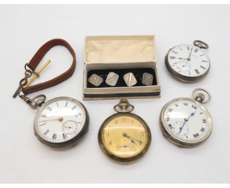 Four silver pocket watches, an open face the dial signed C.J. Ferrenbach Dundee, with leather fob strap, hallmarked Chester 1