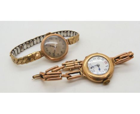 A 9ct gold ladies vintage watch and strap, together with an (af) cased ladies Rolex watch with a gold plated strap, weight al