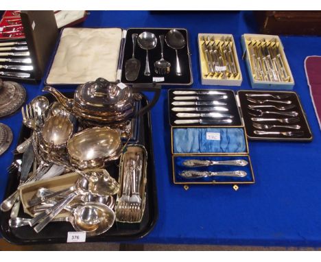 A collection of EPNS including cased fruit knives, a cased oyster fork set, a tea set, loose cutlery etc Condition Report:Ava