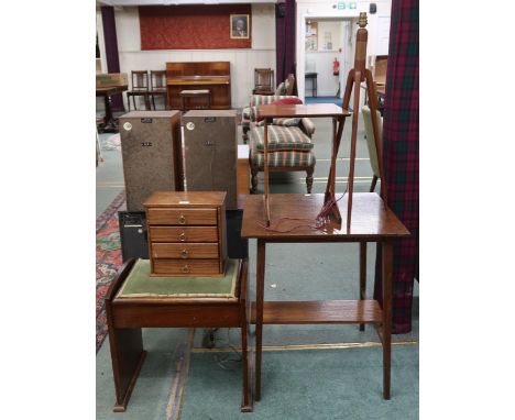 A lot comprising 20th century piano stool, apprentice style four drawer chest, two tier occasional table, atomic style table 