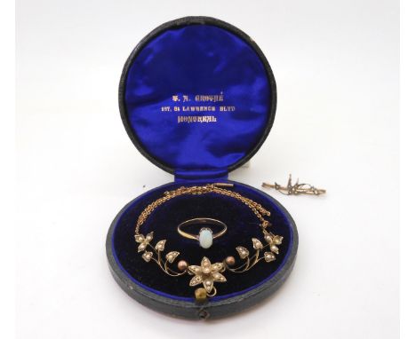 A 9ct gold Edwardian flower necklace, length approx 38cm, (has two knots to shorten it) weight 4.1gms, an 18ct gold opal ring