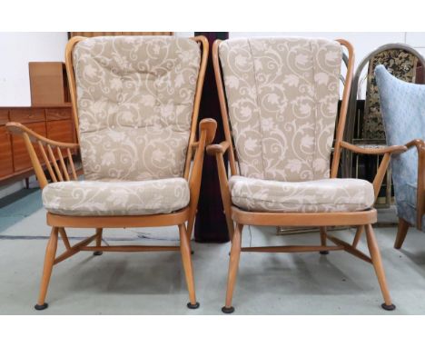 A lot of two mid 20th century Ercol elm and beech framed open armchairs, 107cm high x 75cm wide x 87cm deep and 106cm high x 