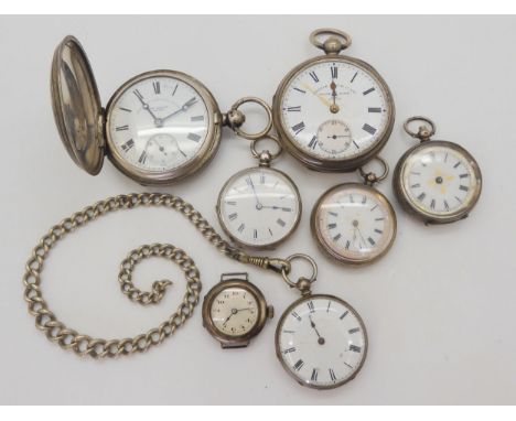 Two silver cased pocket watches, British Watch Co and John Forrest, four silver fob watches two with decorative dials and a w