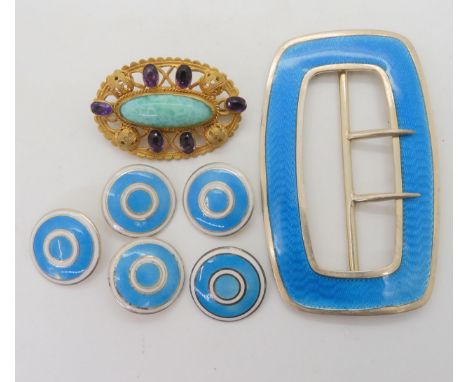A silver enamel buckle by Deakin &amp; Francis Ltd, together with turquoise and white enamel buttons and a Czech glass costum