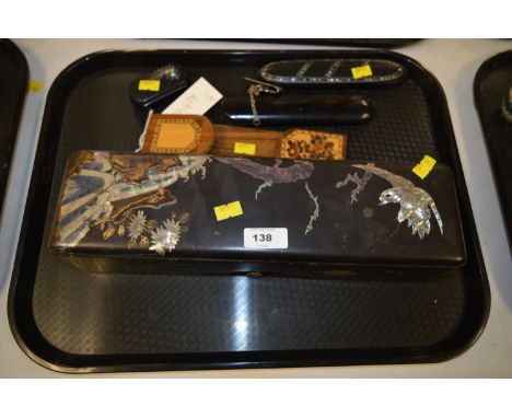 A Victorian lacquer and mother-of-pearl inlaid glove box; spectacle cases; snuff box; together with a small Tunbridge ware bo