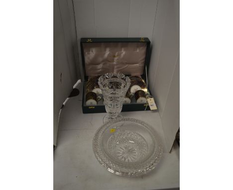 A boxed Minton 'Brocade' blue and gilt set of six coffee cups and saucers; together with a heavy cut glass bowl and vase.