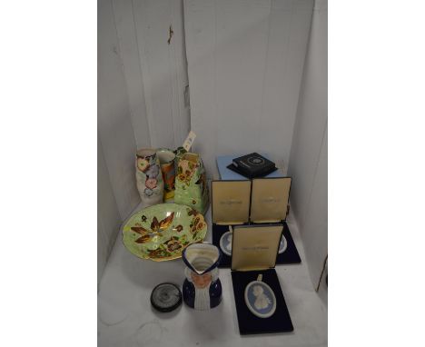 Three boxed Wedgwood Jasperware plaques; further Wedgewood Jasperware items; a Wood &amp; Sons character jug; Royal Winton Gr