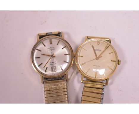 A yellow metal cased Rotary wristwatch, with baton dial and date aperture; and a Roamer gilt cased wristwatch, both with flex