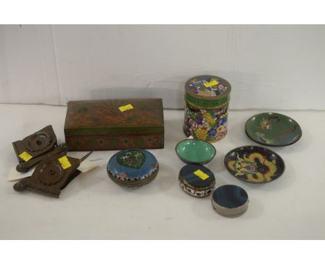 Chinese Cloisonne bowls; jars; and cigarette box; together with two agate snuff boxes.