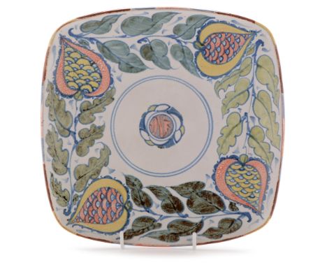 Edgar Campden: "Square Dish"- an Aldermaston Studio pottery salver, decorated in pastel tones with pine cones and leaves, inc