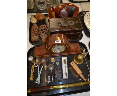 An Edwardian mother-of-pearl inlaid mahogany mantel clock; a Victorian walnut work box; various treen items in yew, sycamore,