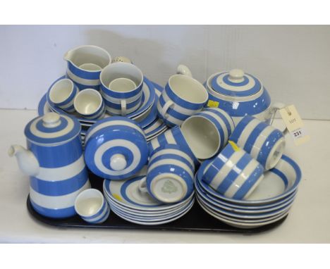 Church Gresley blue and white Cornish ware, to include: tea cups; saucers; bowls; plates; teapot; coffee pot; and others.