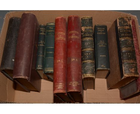 A box of antiquarian books, titles to include: History of Durham; Schlich's Manual of Forrestry; Minutes of Meetings; and oth