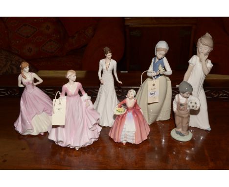 Three Coalport figurines: Happy Birthday, hand signed to base; Perfect Moment; and Now and Forever; a Royal Doulton 'Janet' 1