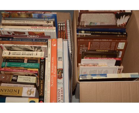 Two boxes of hardback books relating to Native Americans, titles to include: Geronimo; Myths and Legends; Coming to Light; Na