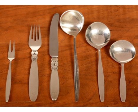 Georg Jensen: a silver Christening knife and fork, Cactus pattern, engraved initials; and four silver Cypress pattern items, 