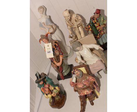 Mixed figurines: Lladro girl asleep; Nao lady; Royal Doulton The Mask Seller, 2103; The Foaming Quart 2162; The Jester 2016; 