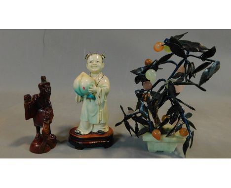 Two Chinese figures and a miniature tree in a jade pot. H.25cm (tallest) 