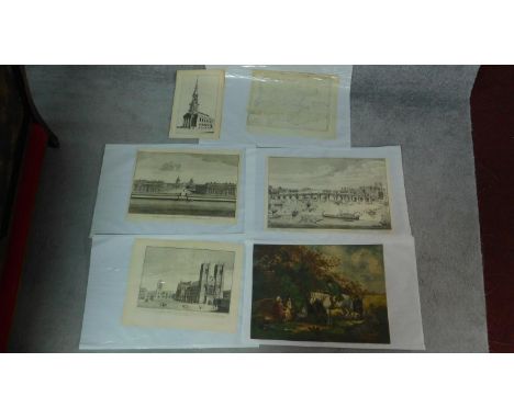 Five antique prints of architectural studies, hunting scene and a map of Spain. 51x40cm (largest) 