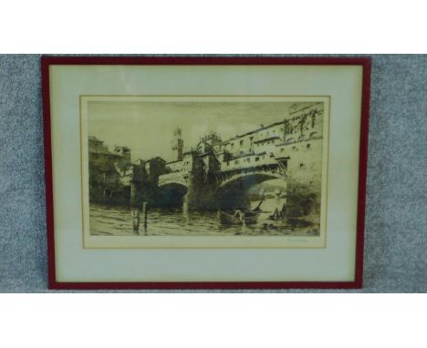 A signed etching by engraver Ernest George of a view of a bridge over a river from the river bank. 52x69cm 