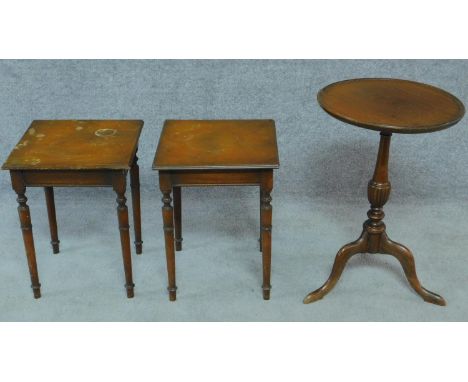 A pair of mahogany side tables and a Georgian style tripod table. H.56cm (tallest) 