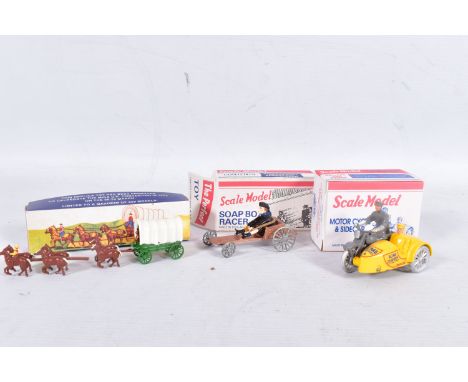 THREE BOXED 'PERFECT TOY' DEBO AND MICA SCALE MODELS, to include a Covered Wagon, no. 240 of 650, featuring a green wagon wit