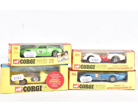 FOUR BOXED CORGI TOYS WHIZZWHEELS RACING CARS, Ford GT70, No.316, Ferrari 206 Dino Sport, No.344, yellow with black doors and