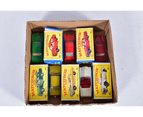 FIVE BOXED MATCHBOX 1-75 SERIES GERMAN CAR MODELS, Mercedes-Benz 230SL, No.27, Opel Diplomat, No.36, Mercedes-Benz 300 SE Cou