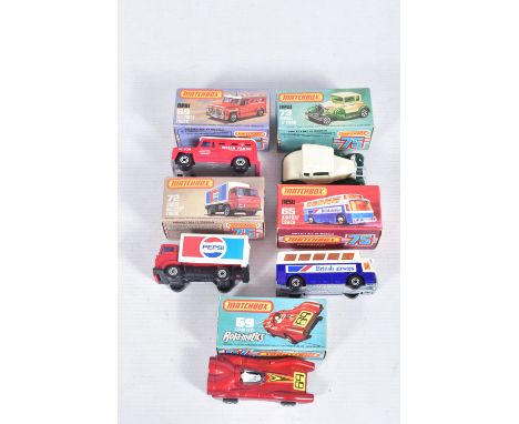 FIVE BOXED MATCHBOX COLLECTABLE MODEL VEHICLES, to include a superfast Airport Coach no.65, in white and royal blue with yell