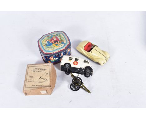 A VINTAGE COLLECTION OF UNBOXED TOY VEHICLES ETC, to include a Tri-ang Minic Toys Ambulance, one wheel loose, a key wound Sch