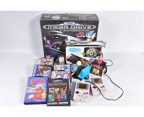 BOXED SEGA MEGA DRIVE, GAMES AND MORE, lot includes a boxed sega Mega Drive, six games, two namco plug and play machines, two