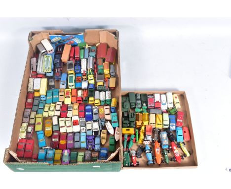 A QUANTITY OF UNBOXED AND ASSORTED PLAYWORN DIECAST VEHICLES, to include Matchbox Ford Zodiac, No.33, Mauve body, orange pane