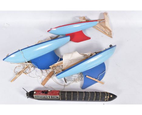 THREE STAR POND YACHTS, two different sizes, all in need of untangling and re-rigging, with a Hanah wooden model of a narrowb