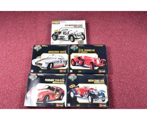 FIVE BOXED BBURAGO 1/18 SCALE DIECAST AND PLASTIC SPORTS CAR KITS, Mercedes SSKL Mille Miglia, No.7002, Mercedes SSK Monte Ca