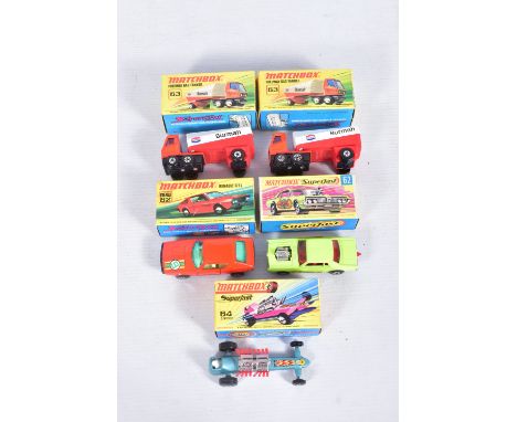 FIVE BOXED MATCHBOX SUPERFAST MODEL VEHICLES, to include a Renault 17 TL no.62 , in red with yellow and green striped number 