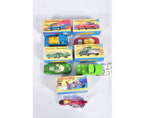 FIVE BOXED MATCHBOX MODEL VEHICLES, to include a Superfast Draguar no. 36 in red, scratches to sun roof, a Superfast Soopa Co