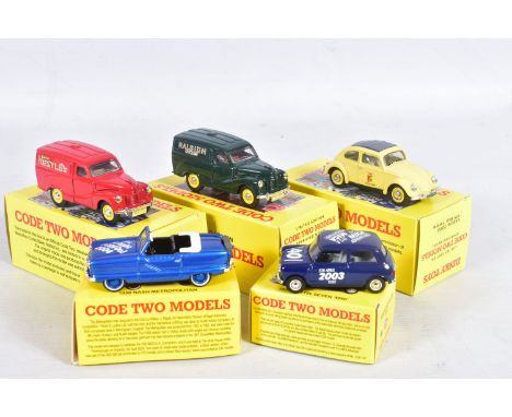 FIVE BOXED DINKY TOYS CODE TWO MODEL VEHICLES, to include a Leipzig 2003 VW Bug in yellow, a Raleigh Cycles green Austin Van,