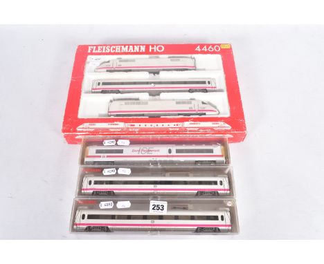 A BOXED FLEISCHMANN HO GAUGE D.B. ICE THREE CAR SET, No.4460, with three additional individually boxed coaches (4444 K, 4461,