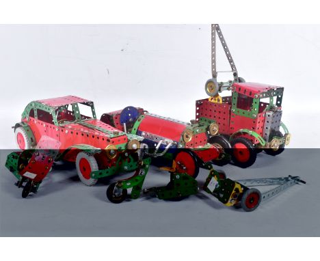 THREE VINTAGE MECANO MODEL VEHICLES, PLUS SMALLER BIKES AND OTHER MODELS, red green and silver in design, all of various styl