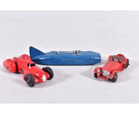 THREE ASSORTED EARLY POST WAR DINKY TOYS, Auto-Union Racing Car, No.23d, red body with RN2 in black, no driver. black ridged 