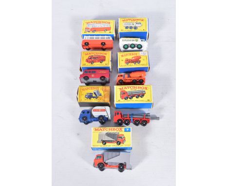 SEVEN BOXED DIE-CAST MATCHBOX SERIES MODEL VEHICLES, to include a Ford Refuse Truck no. 7, orange cab, grey and silver tipper