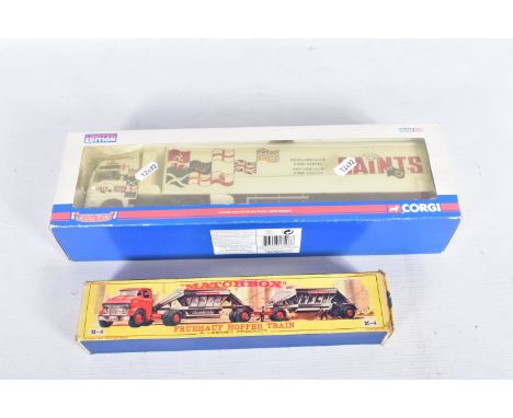 A BOXED MATCHBOX FRUEHAUF HOPPER TRAIN MAJOR PACK NO. M-4 AND ONE OTHER, red painted cab with grey trailer and red rims, acco