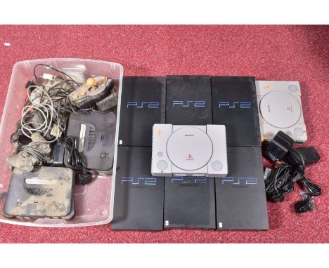 TWO BOXES OF BROKEN CONSOLES AND ACCESSORIES, contents include six Playstation 2 consoles, two Playstation consoles, two Nint
