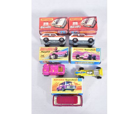 FIVE BOXED MATCHBOX MODEL VEHICLES, to include two Police Patrol Rola-Matics no. 20, white design with orange details and fro