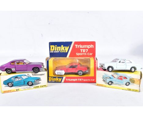 THREE BOXED DINKY TOYS CARS, Ford Capri No.165, metallic purple, Ford Escort, No.168, pale blue and Triumph TR7 sports car, N